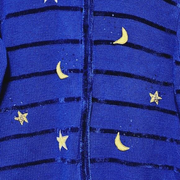 VTG Quacker Factory Christmas Sweater Cardigan Full Zip Blue Angels Stars Moon L - Picture 8 of 8